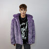 Hooded checked faux fur jacket geometric bomber bright raver coat fluffy winter fleece festival trench neon burning man overcoat in purple