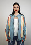 Reworked denim racing jacket colour blocked varsity bomber