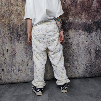 Golden faux fur joggers metallic pants handmade luminous fleece raver trousers premium party overalls in white and gold