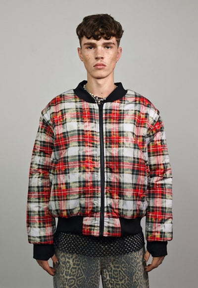 Tie-dye tartan varsity jacket yellow check reversible bomber