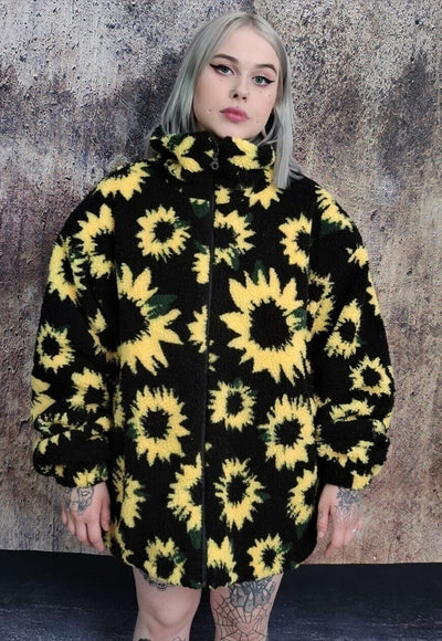 Sunflower fleece bomber handmade daisy floral coat jacket