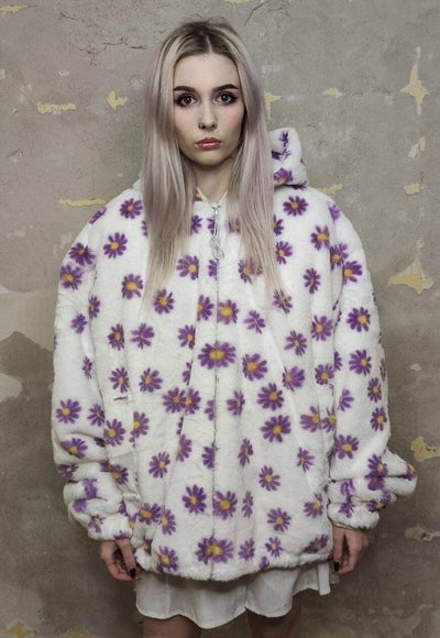 Daisy fleece bomber handmade retro floral track jacket white