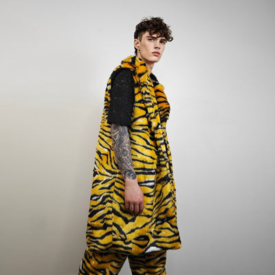 Tiger fur coat striped pattern longline trench glam rocker overcoat animal print bomber festival jacket customizable zebra peacoat in yellow