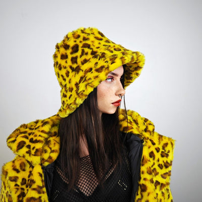 Yellow leopard jacket faux fur trench oversize animal print coat festival overcoat furry peacoat jaguar bomber lynx psychedelic rave fleece