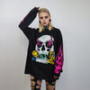 Skull sweatshirt flame print top neon thin skeleton jumper bones sweater psychedelic fluorescent pullover racing biker t-shirt vintage grey