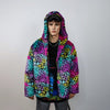 Tiedye hooded faux fur jacket leopard coat rainbow trench animal print bomber fuzzy cheetah fleece festival puffer burning man overcoat pink