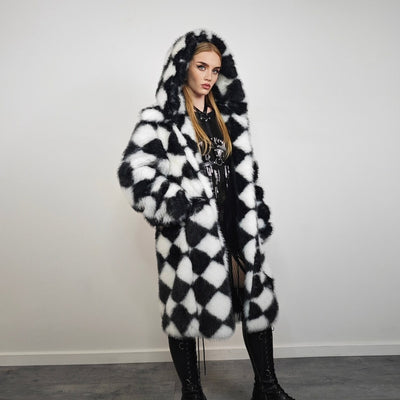 Diamond pattern fur coat checked long trench rhombus gothic overcoat SKA print bomber festival jacket customizable going out peacoat black