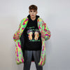 Psychedelic faux fur longline coat shaggy trench bright raver bomber fluffy winter fleece festival jacket neon burning man coat green pink