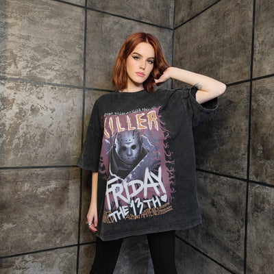 Friday 13th t-shirt vintage wash Horror movie tee Jason the killer top creepy Gothic jumper in acid grey