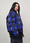 Tattoo print varsity jacket blue tartan reversible bomber