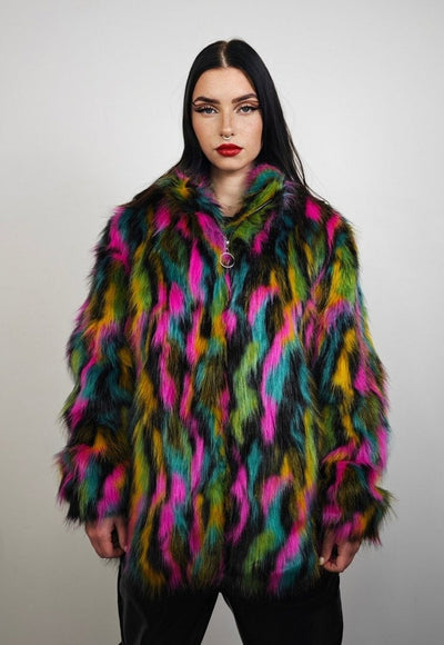 Rainbow faux fur coat parrot fuzzy jacket raised neck trench