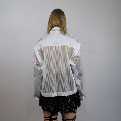 Transparent jacket see-through bomber striped sheer blazer Japanese style catwalk coat party jumper festival Gothic stand collar top white