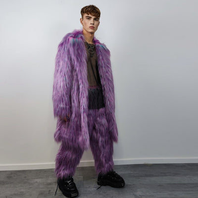 Shaggy faux fur joggers winter raver neon pants fluffy skiing trousers mountain fleece overalls festival bottoms burning man pants in purple