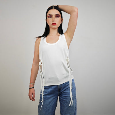 Lace up tank top cut out sleeveless t-shirt sexy body hugging tee fancy dress jumper luxury low cut going out surfer vest white