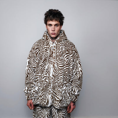 Zebra print jacket handmade detachable faux fur animal print bomber stripe pattern fleece premium hooded party coat festival hoodie in brown