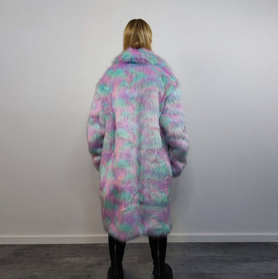 Candy faux fur long coat unicorn trench neon raver bomber fluffy tie-dye fleece psychedelic festival jacket burning man going out coat pink