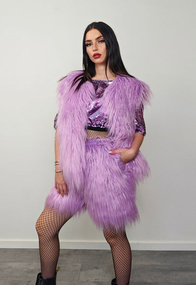 Shaggy fur coat purple collarless cropped festival trench