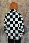 Check fleece jacket checkboard fluffy retro bomber in black