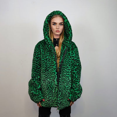 Hooded faux fur leopard jacket animal print bomber bright raver coat fluffy cheetah fleece festival puffer neon burning man overcoat green