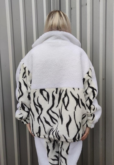 Grunge fleece bomber handmade Gothic zebra jacket in white