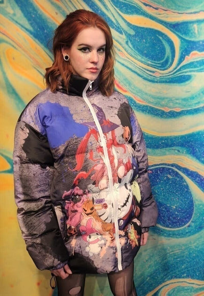 Anime bomber Hello Kitty puffer jacket tie-dye pastel blue