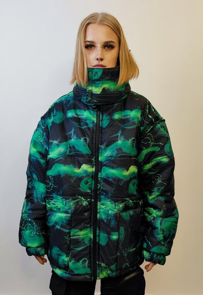 Smoke print bomber reversible jacket detachable flame puffer