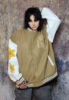 Pentagram patch varsity jacket college baseball bomber brown