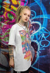 Dragon girl print t-shirt Anime tee graffiti retro top white