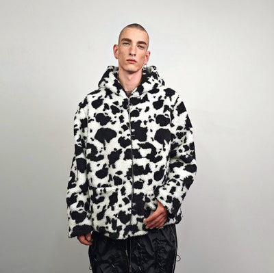 Cow fleece jacket white hooded animal print bomber festival coat furry overcoat spot print  pullover Dalmatian jumper psychedelic rave top