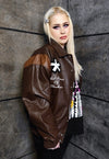 Retro varsity jacket faux leather MA-1 bomber in brown