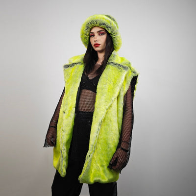 Luminous faux fur bucket neon green hat oversize lemon cap festival fisherman hat fluorescent boonie rave fedora acid psychedelic party cap