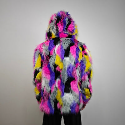 Patch faux fur jacket raised neck coat bright raver bomber fluffy rainbow fleece bright festival track jacket burning man overcoat pink grey