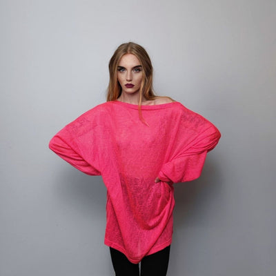 Deep V-neck sheer top revealing transparent sweatshirt cut out neck long sleeve see-through t-shirt rocker jumper edgy baggy tee in pink