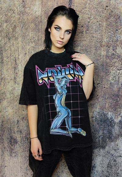 Cyber punk t-shirt grunge tee retro robot top in acid black