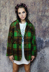 Plaid fleece blazer woollen check jacket retro bomber green