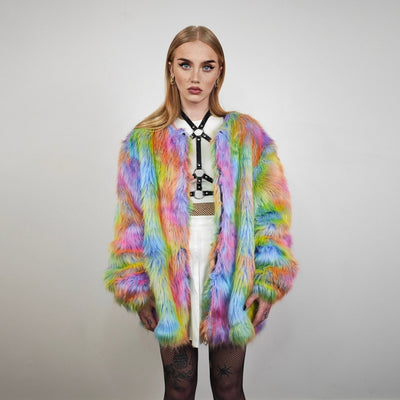 Rainbow faux fur jacket collarless tropical coat bright raver bomber fluffy carnival fleece luminous festival pullover burning man overcoat