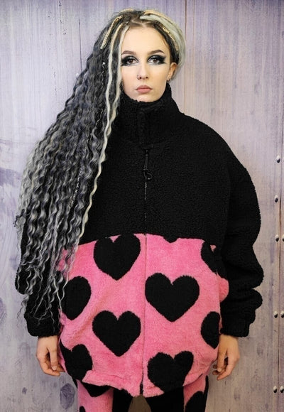 Heart fleece jacket handmade love emoji bomber in pink black