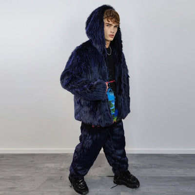 Luxury faux fur joggers luminous raver pants fluffy punk trousers skiing fleece shaggy overalls festival bottoms burning man pants in blue