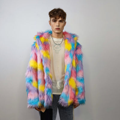 Hooded marshmallow faux fur jacket unicorn coat raver bomber fluffy tie-dye fleece rainbow festival bomber burning man going out trench pink