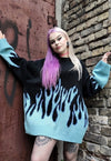 Flame print sweater fire knitted Korean jumper in black blue