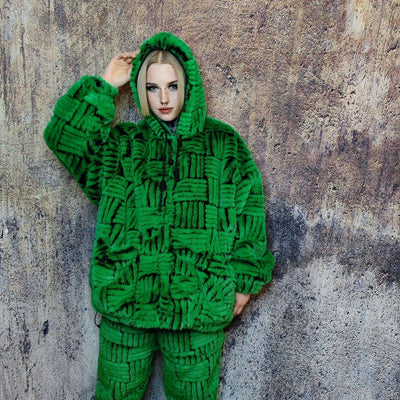 Faux fur luxury jacket handmade premium check fleece jacket fluffy hooded high fashion stripe coat in green back