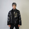 Asymmetric bomber jacket collared puffer quilted high fashion Gothic coat unusual grunge padded aviator jacket in solid shiny black