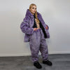 Hooded checked faux fur jacket geometric bomber bright raver coat fluffy winter fleece festival trench neon burning man overcoat in purple