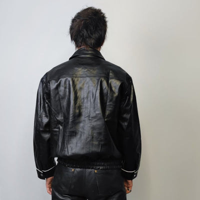 Faux leather racing jacket contrast stitching biker jacket premium rocker varsity 80s motorcycle college bomber metal buckle coat in black