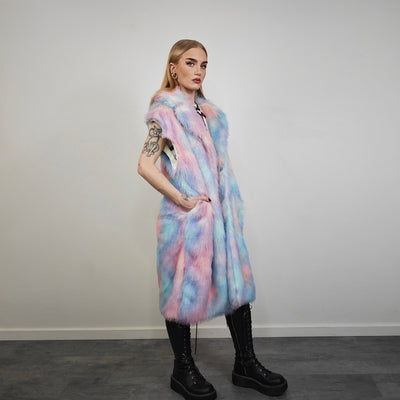 Tie-dye coat faux fur pastel pink shaggy trench abstract pattern overcoat watercolor bomber detachable festival jacket rainbow peacoat blue