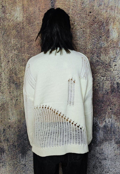 Transparent sweater ripped jumper sheer knitted top in cream