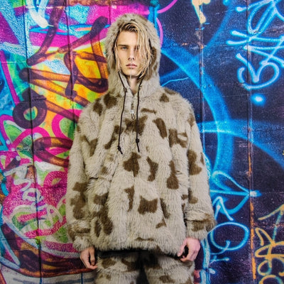 Luxury leopard jacket animal print bomber handmade detachable fluffy jumper retro puffer premium grunge coat in brown