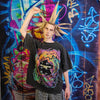 Flame print t-shirt premium rainbow tee vintage wash grunge top space jumper in acid grey