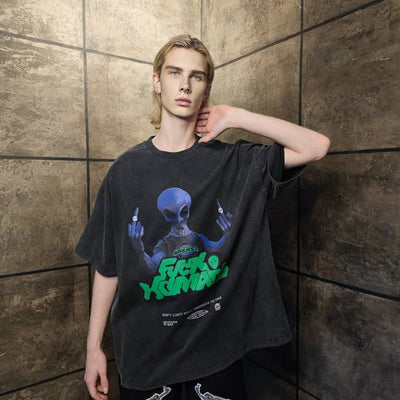 Alien t-shirt premium vintage wash grunge UFO tee in grey