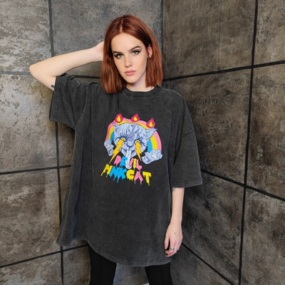 Cat print t-shirt vintage wash rainbow tee retro raver top devil flame jumper in acid grey